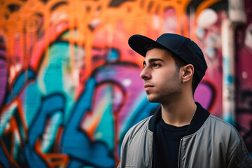 Fototapeta na wymiar Urban style portrait of a young man with a baseball cap and a bomber jacket, standing against a colorful graffiti wall, generative ai