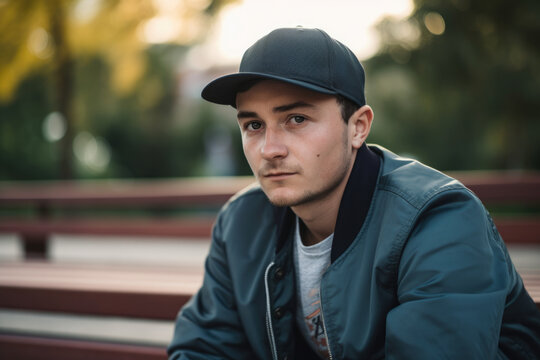 Thoughtful portrait of a young man with a baseball cap and a bomber jacket, sitting on a bench in a park, generative ai