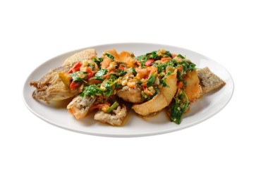 Fried fish with chilli and spices, delicious food Thailand style on transparent png