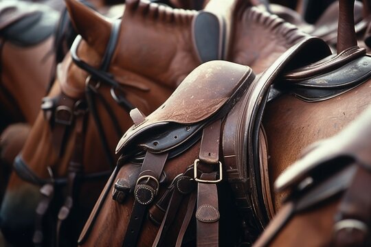 Horses Polo Saddles Paddock Close up image of polo horses and ponies in paddock, saddled for a game. Generative AI
