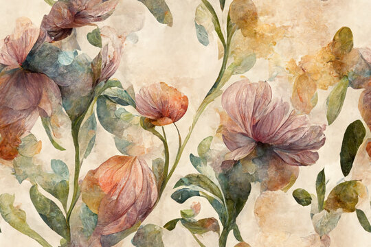 Digital floral backdrop texture pattern painted in watercolor, seamless background, continuous wallpaper, generative ai