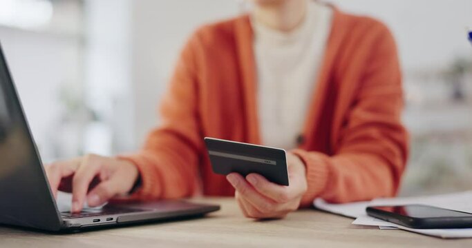 Laptop, credit card and online shopping with a woman customer searching for a retail product or making payment. Finance, accounting or ecommerce with a female consumer doing an internet search