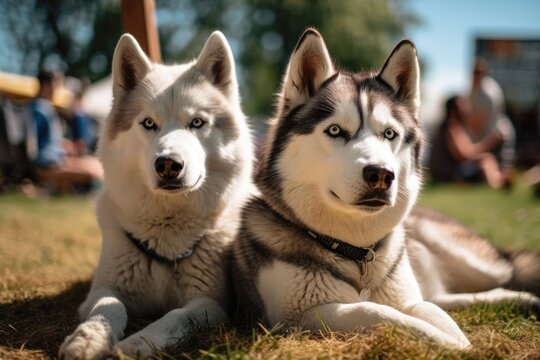 Stunning photograph taken. The image shows two lovely husky sled dogs on a lush lawn. picture taken at a dog show. Generative AI