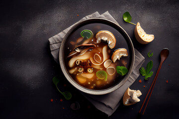 Miso soup with shiitake mushrooms on gray concrete. Generative Ai