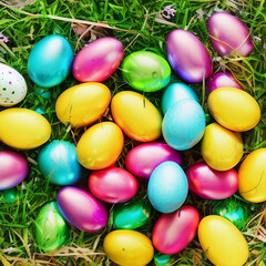 Fototapeta na wymiar Bright metallic painted easter eggs in grass created with Generative AI technology