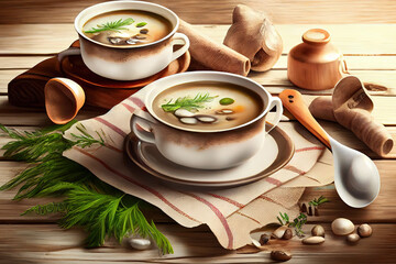 Bowl of autumn mushroom cream soup. Generative Ai