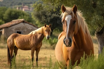Obraz na płótnie Canvas Yellow pony pictured beside brown horse in a stunning Tuscan backdrop. Generative AI