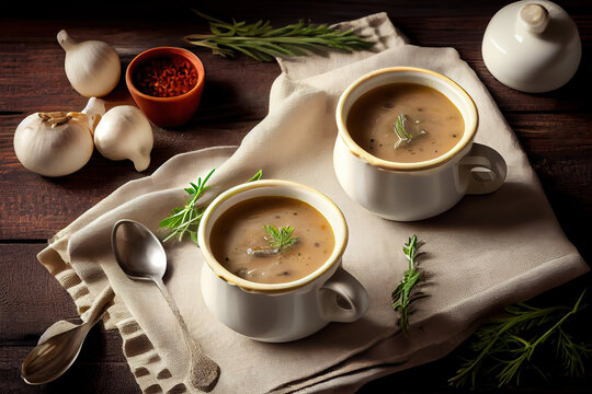 Bowl of autumn mushroom cream soup. Generative Ai