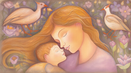 Fototapeta na wymiar A heartwarming scene of a mother and child sharing a tender embrace surrounded by pastel-colored flowers, birds, symbolizing love and appreciation.