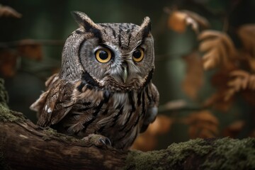 Scopus owl of Europe Otus scops are perched on a branch. Untamable bird. Generative AI