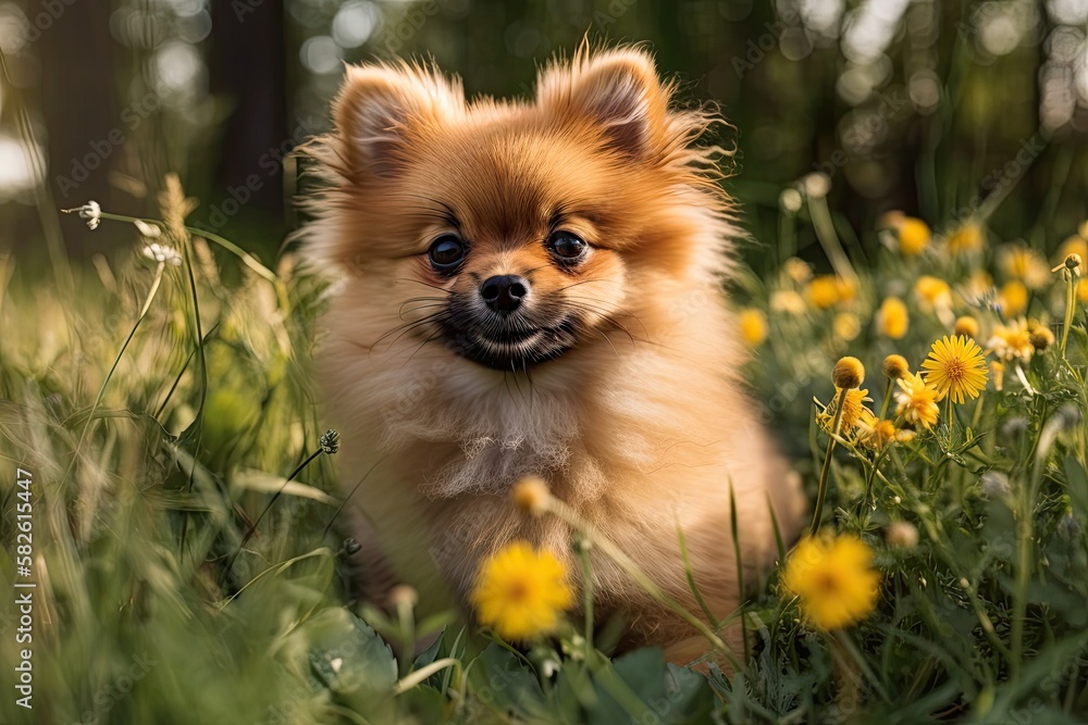 Poster A small Pomeranian puppy is sitting in the grass and is sniffing a camomile flower. Generative AI