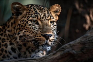 Naklejka na ściany i meble Persian leopard, Panthera pardus saxicolor, in a portrait perched on a branch. Generative AI
