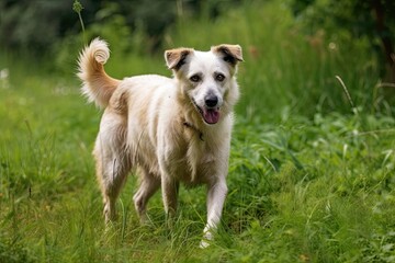 A lovely mongrel dog is strolling on some grass. Generative AI
