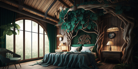 Rustic Luxury: A Dreamy Treehouse-Inspired Room Generative AI