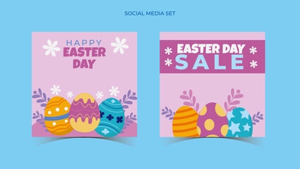 Set a social media template with a silhouette of Easter eggs and flowers in a flat style. Illustration holiday easter eggs in pastel colors and space for your text. Vector