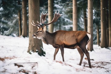 Naklejka na ściany i meble A wintertime image of a deer in its natural habitat. Generative AI