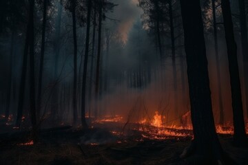 Forest after a wildfire with residual burning fire. Generative AI image