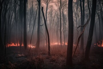 Forest after a wildfire with residual burning fire. Generative AI image