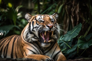 Fototapeta na wymiar Actively playing in his zoo enclosure is a Bengal tiger. Generative AI