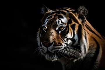 Fototapeta premium In the dark, a portrait of a beautiful head Amur Tiger. Generative AI
