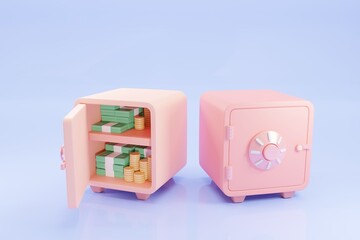 Pink safe box with coins and a pile of dollars in a safe on a blue background. investment, finance, banking and marketing concept. 3d illustration