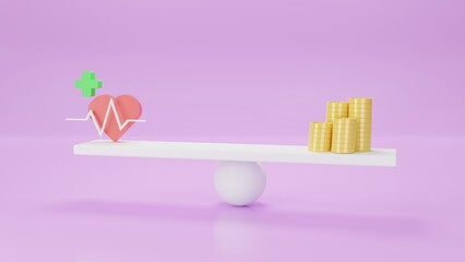 Red hearts and gold coins balance the levels. concept of medical expenses Medical rate, health care, heart rate, heart disease, on purple background. 3d illustration.