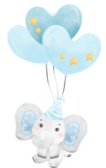 cute baby Elephant wild life animal dream blue baby shower nursery art watercolour illustration