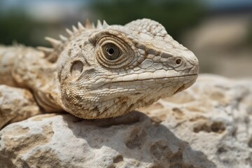 Fototapeta premium Starred agama l izard carved onto a prehistoric Pamukkale stone. Generative AI