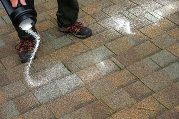 Senior man with a container of moss killer spreading the granules on a residential asphalt shake roof
