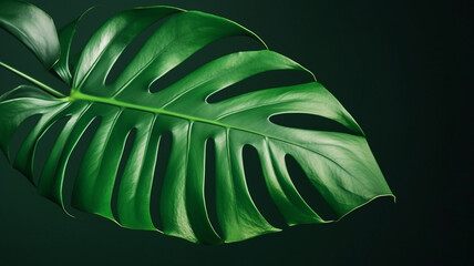 illustration of natural monstera leaf isolated on a green background. Generative AI.