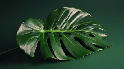 illustration of natural monstera leaf isolated on a green background. Generative AI.