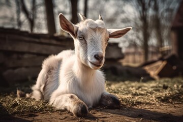 Fototapeta premium In a farm, a young goat is resting outside. Generative AI