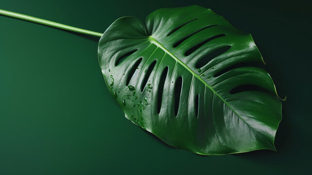 illustration of natural monstera leaf isolated on a green background. Generative AI.