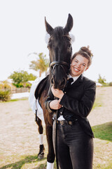 Female rider and her horse funny portraits