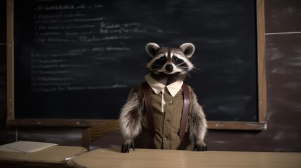 Raccoon on Blackboard, Dressed Like Teacher. Generative AI.