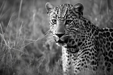 Black and white image of a leopard pounces in tall grass in South Africa's Kruger National Park. Generative AI