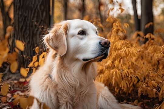 A golden retriever is depicted on yellow foliage. Generative AI