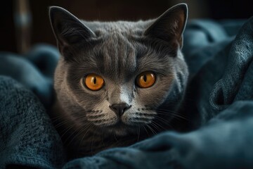 In the dimly lit living room, a grey British cat is curled up with a blanket. Generative AI