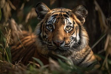 Obraz premium Tiger in the grass portrait. Generative AI