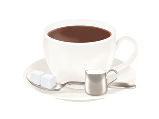 砂糖とミルクがついたホットコーヒー(コーヒーカップ、ソーサー、スプーン、ミルクピッチャー)