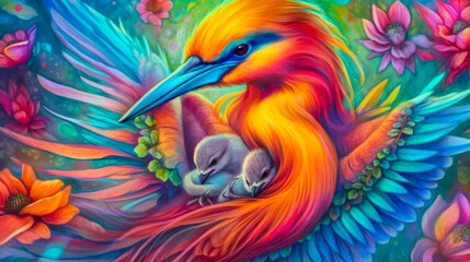 Brightly colored illustration of a mother bird tending to her chicks in a beautifully crafted nest, set against a backdrop of various bright colors.