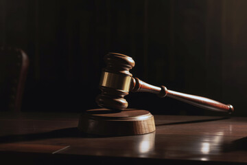 Judge gavel. Law and auction symbol on wooden table, dark lawyer office court background. Generative AI