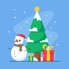 christmas tree and snowman flat illustration vector icon isolated