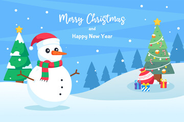 Christmas background landscape with snowman and calligraphy winter landscape vector isolated