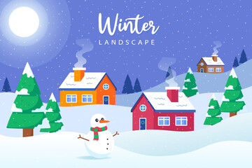 flat winter landscape at night with cottage, and snowman illustraion background vector isolated