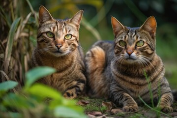 Naklejka na ściany i meble Playful Bengal and Tabby mix cats in the outdoors. Generative AI