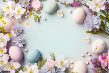 Fototapeta na wymiar Easter background with copy space. Eggs, flowers, pastel colors illustration top view generative AI, generative, ai