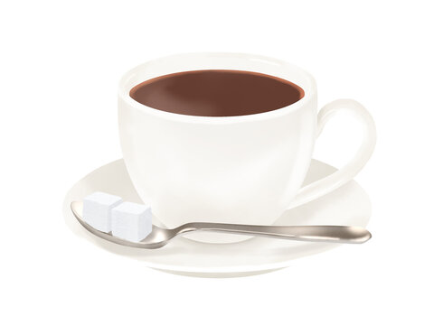 角砂糖が2つ添えられたホットコーヒー(コーヒーカップ、ソーサー、スプーン)