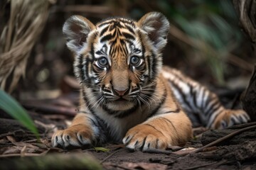 Fototapeta premium The cub of a Bengal tiger is on the ground. Generative AI