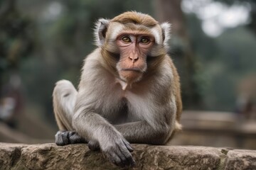 On a pillar of stone is a toque macaque. South Asia. Generative AI